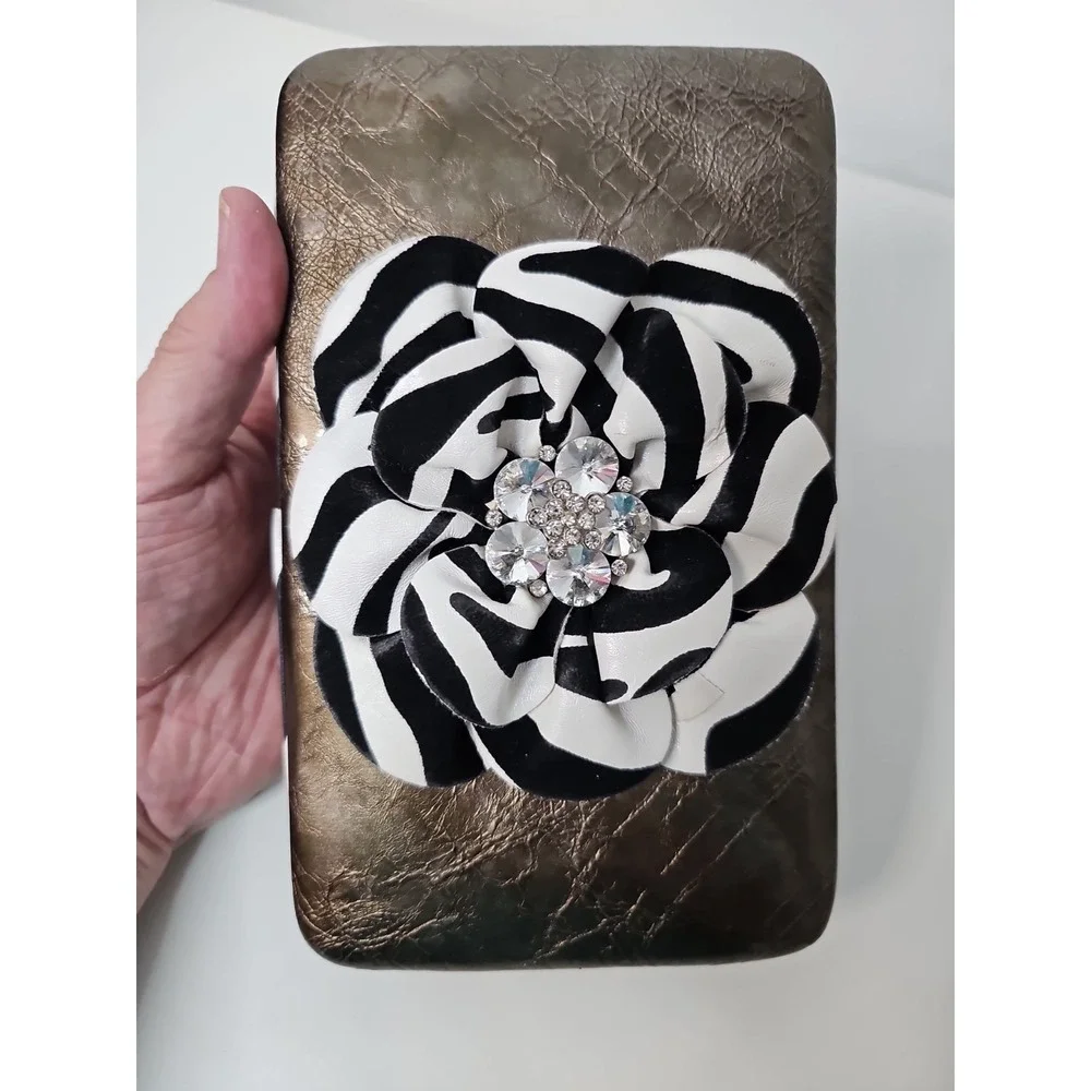 Zebra Fabric Rose Wallet Clutch Metallic Gunmetal Hardcase Checkbook Organizer